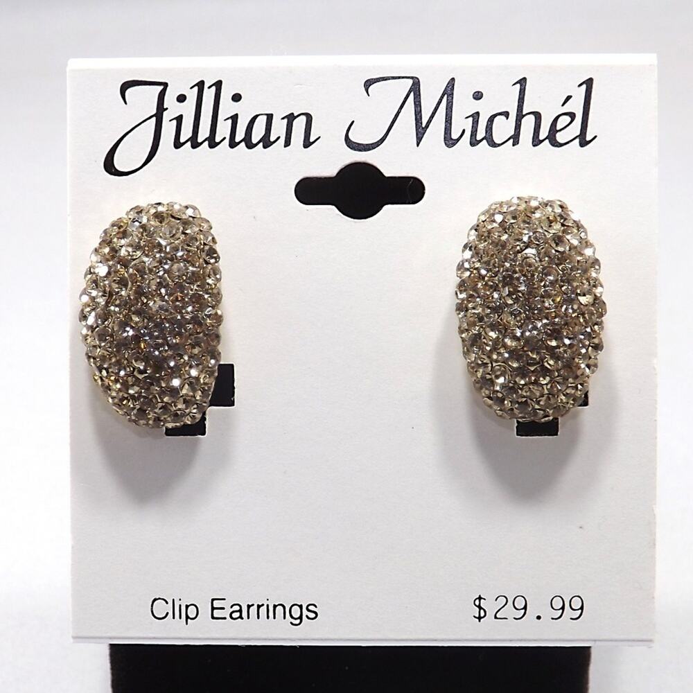 Gold Pave Rhinestone Clip Earrings, Jillian Michel, 1 Inch, NWT